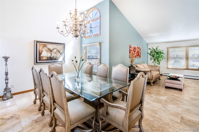 dining area featuring a chandelier, high vaulted ceiling, and plenty of natural light