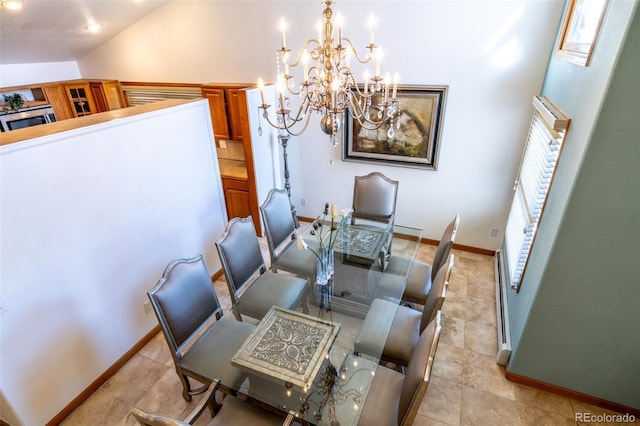 dining space featuring baseboards, recessed lighting, high vaulted ceiling, and a chandelier