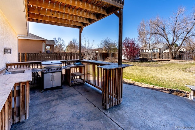view of patio / terrace with a sink and a fenced backyard