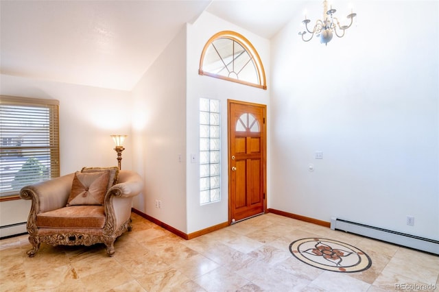 entryway with a baseboard radiator, high vaulted ceiling, an inviting chandelier, and baseboards