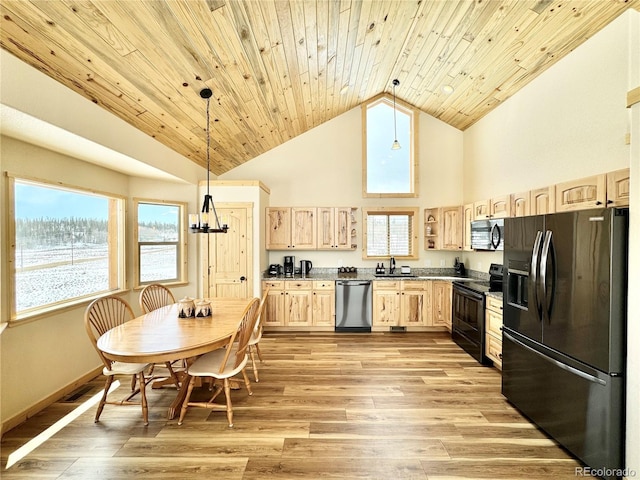 kitchen with black appliances, light wood finished floors, light brown cabinets, and wood ceiling