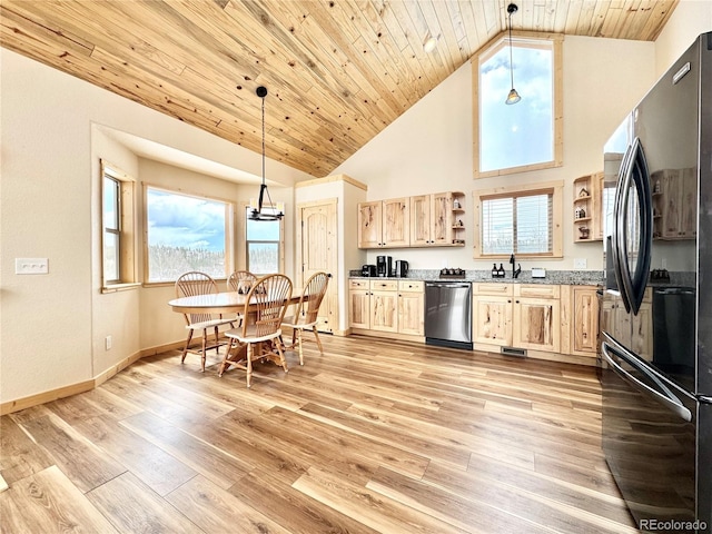 kitchen featuring dishwasher, wood ceiling, freestanding refrigerator, light brown cabinets, and open shelves