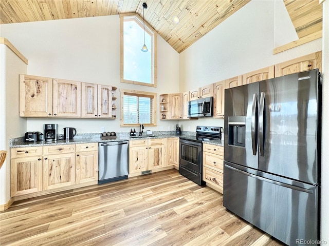 kitchen with wooden ceiling, light brown cabinets, a sink, appliances with stainless steel finishes, and open shelves