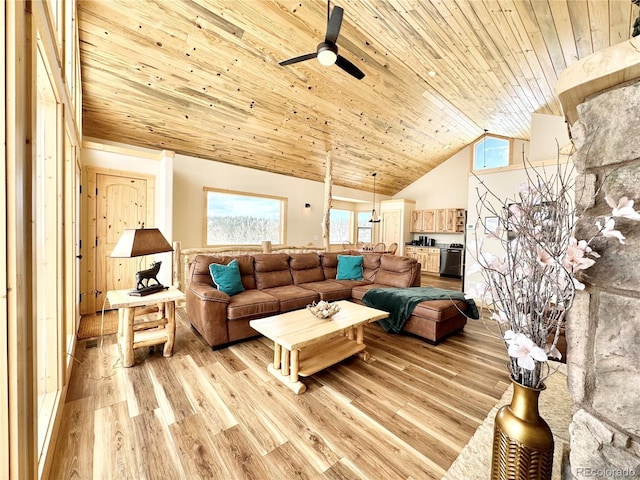 living room featuring high vaulted ceiling, light wood finished floors, wood ceiling, and a ceiling fan