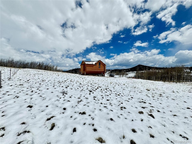 yard layered in snow with an outbuilding and a mountain view