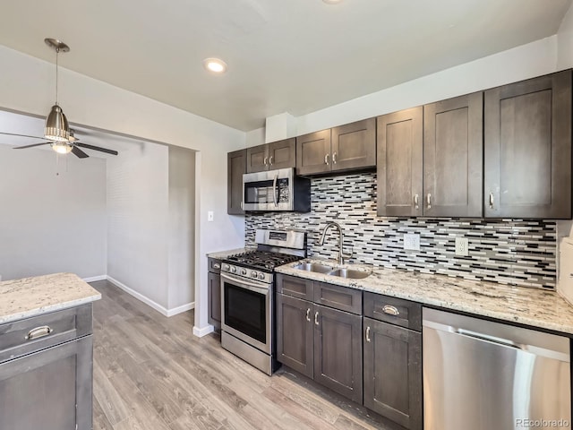 kitchen featuring appliances with stainless steel finishes, sink, backsplash, light stone counters, and dark brown cabinetry