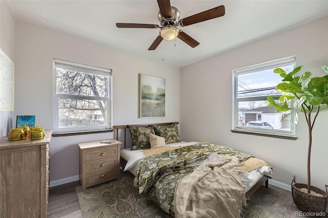 bedroom featuring ceiling fan and dark hardwood / wood-style flooring