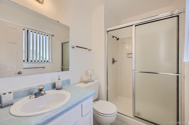 full bathroom with vanity, toilet, and a stall shower