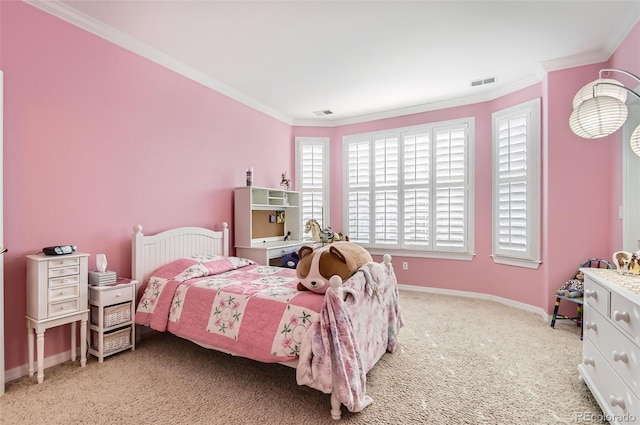 bedroom with crown molding, baseboards, visible vents, and carpet floors