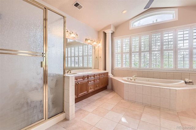 full bath with a garden tub, visible vents, a stall shower, vanity, and tile patterned floors