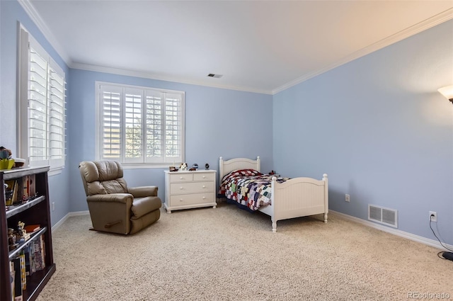 bedroom featuring visible vents, carpet flooring, baseboards, and ornamental molding