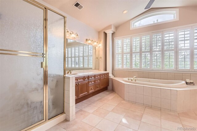 10456 Carriage Club Dr, Lone Tree, CO 80124 - full bath featuring vanity, a garden tub, tile patterned flooring, a stall shower, and vaulted ceiling