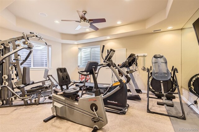 10456 Carriage Club Dr, Lone Tree, CO 80124 - workout area with ceiling fan, a raised ceiling, recessed lighting, carpet flooring, and baseboards