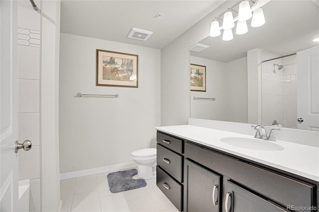 bathroom with tile patterned flooring, toilet, a shower, and visible vents