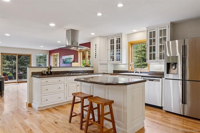 4230 S Meadow Brook Ln, Evergreen, CO 80439 - kitchen featuring appliances with stainless steel finishes, island range hood, a sink, a peninsula, and plenty of natural light
