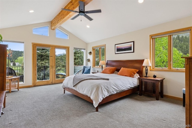 4230 S Meadow Brook Ln, Evergreen, CO 80439 - bedroom with french doors, carpet, access to outside, recessed lighting, and ceiling fan