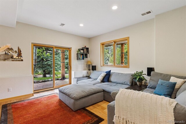 4230 S Meadow Brook Ln, Evergreen, CO 80439 - living area with plenty of natural light, light wood finished floors, and recessed lighting
