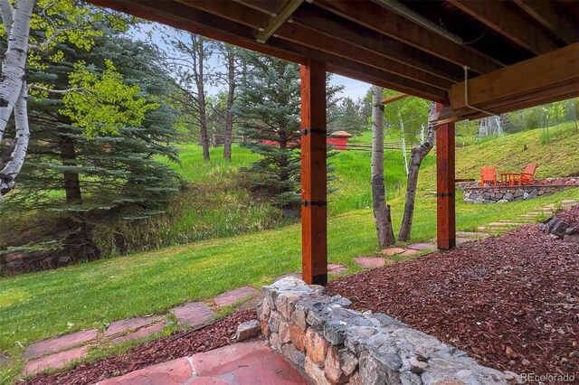 4230 S Meadow Brook Ln, Evergreen, CO 80439 - view of grassy yard featuring a fire pit