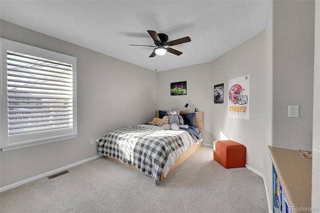 bedroom featuring carpet flooring and ceiling fan