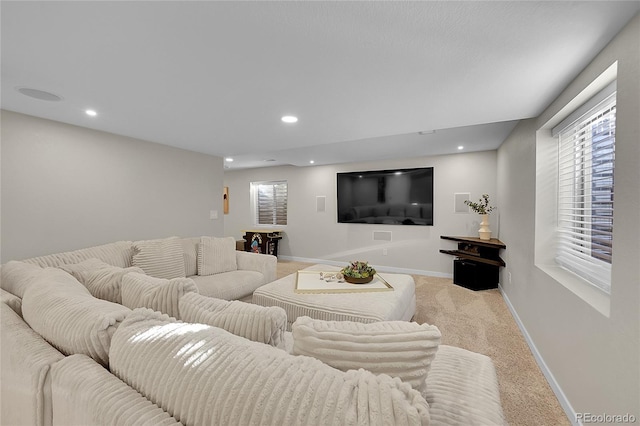 living room with light colored carpet