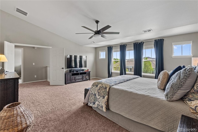 1852 E Sea Drift Dr, Windsor, CO 80550 - bedroom featuring carpet floors, multiple windows, lofted ceiling, and a ceiling fan