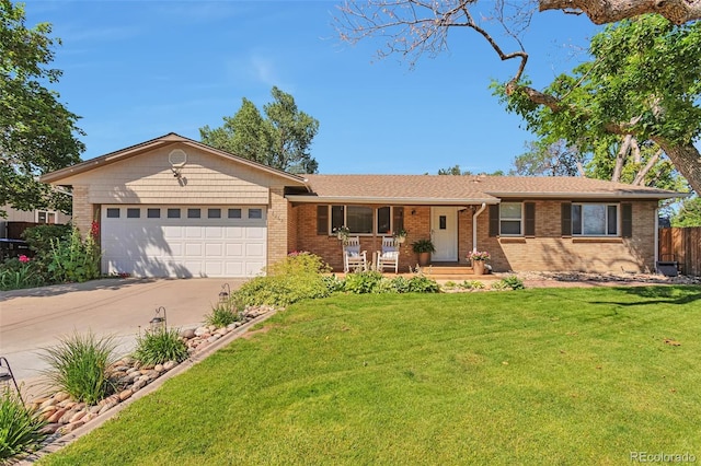 8262 Otis Ct, Arvada, CO 80003 - ranch-style house featuring a porch, a garage, driveway, brick siding, and a shingled roof