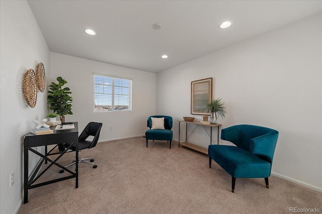 office area with recessed lighting, carpet flooring, and baseboards