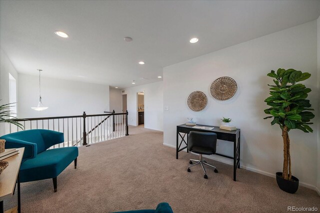 office featuring carpet, baseboards, and recessed lighting