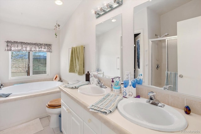 13786 Schoger Rd, Nathrop, CO 81236 - full bath featuring a stall shower, a bath, double vanity, tile patterned floors, and toilet