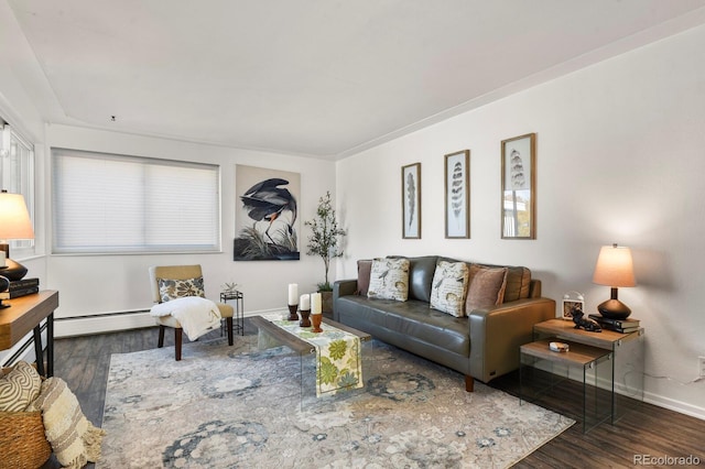 295 E Amherst Ave, Englewood, CO 80113 - living area with wood finished floors, baseboards, and a baseboard radiator