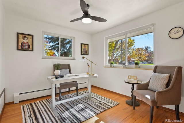 295 E Amherst Ave, Englewood, CO 80113 - office area with plenty of natural light, a baseboard heating unit, light wood-style flooring, and a ceiling fan