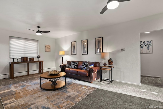 295 E Amherst Ave, Englewood, CO 80113 - carpeted living area with a ceiling fan, baseboards, and a baseboard heating unit