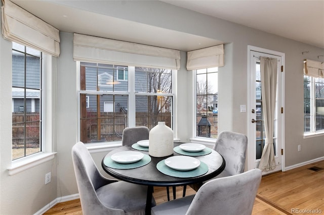 dining space with light wood-type flooring, baseboards, visible vents, and a healthy amount of sunlight