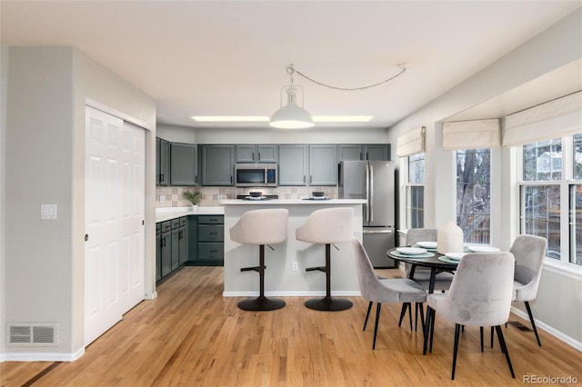 kitchen featuring tasteful backsplash, visible vents, light countertops, light wood-style flooring, and stainless steel appliances