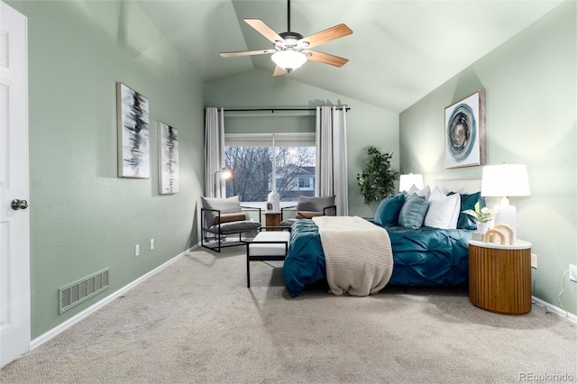 bedroom featuring visible vents, baseboards, lofted ceiling, and carpet floors