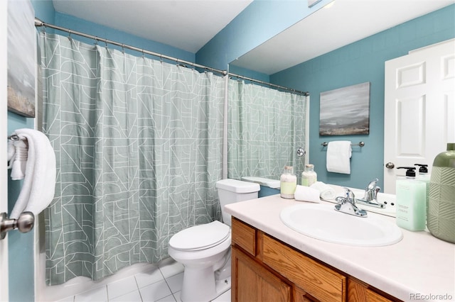 full bath featuring vanity, tile patterned floors, toilet, and a shower with shower curtain