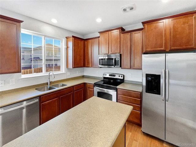 kitchen featuring stainless steel appliances, a sink, visible vents, light countertops, and light wood-type flooring