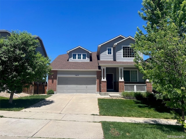 view of front of property with a porch, a garage, and a front lawn