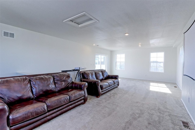 living room with light colored carpet and a textured ceiling