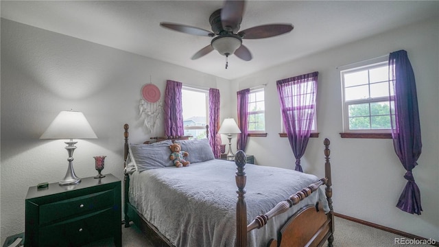 9832 N Crystal Lake Dr, Littleton, CO 80125 - carpeted bedroom featuring multiple windows, a ceiling fan, and baseboards