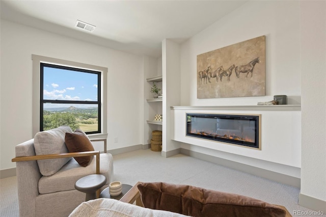 carpeted living room with built in features