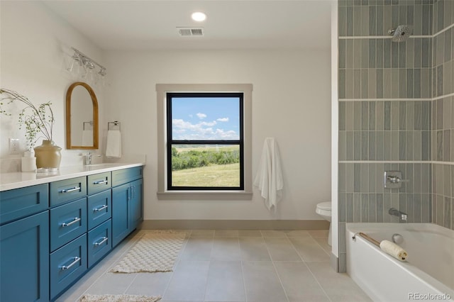 full bathroom with vanity, separate shower and tub, toilet, and tile patterned flooring