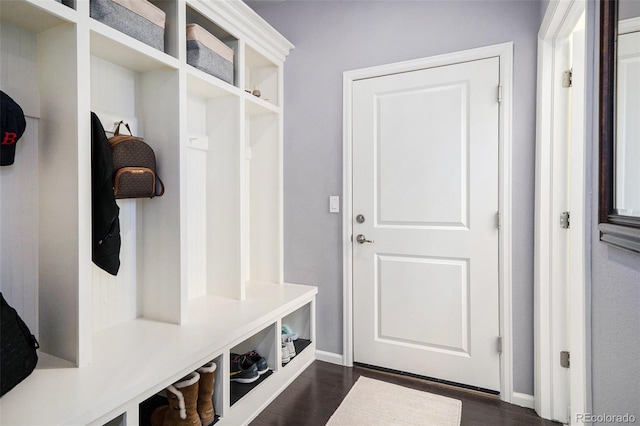 mudroom featuring baseboards and dark wood-style flooring