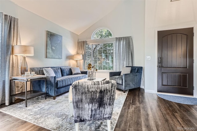 living area featuring baseboards, high vaulted ceiling, and wood finished floors