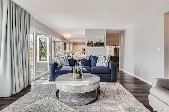 living room with baseboards and wood finished floors