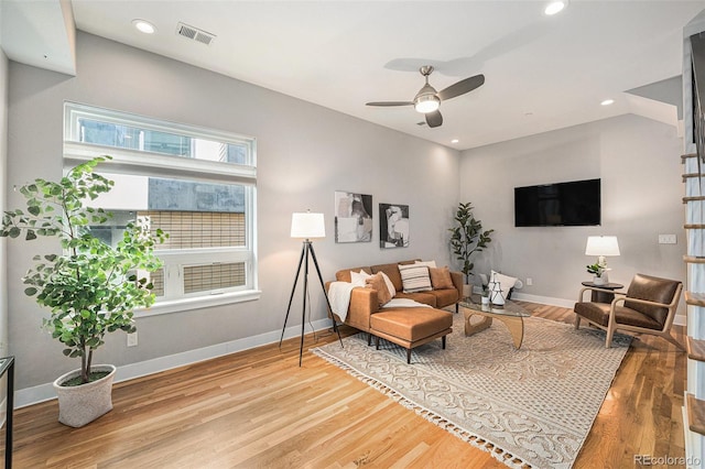 4144 Tennyson St Unit 212, Denver, CO 80212 - living area featuring a ceiling fan, wood finished floors, baseboards, and recessed lighting