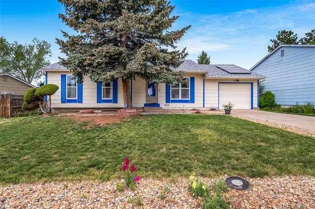 10007 Bryant St, Denver, CO 80260 - single story home with driveway, a garage, roof mounted solar panels, and a shingled roof