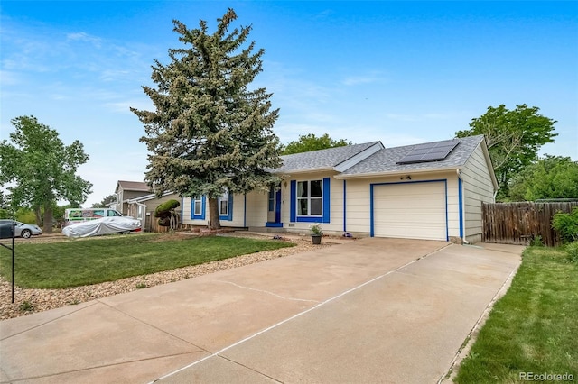 10007 Bryant St, Denver, CO 80260 - ranch-style home featuring an attached garage, solar panels, concrete driveway, and roof with shingles