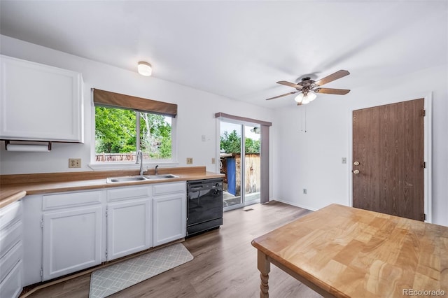 10007 Bryant St, Denver, CO 80260 - kitchen featuring dishwasher, a sink, wood finished floors, white cabinets, and a ceiling fan