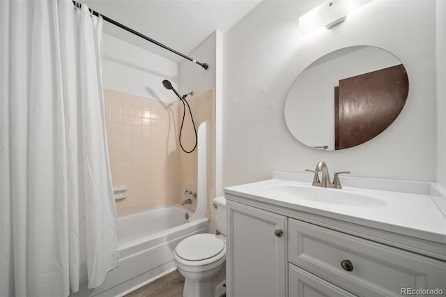 10007 Bryant St, Denver, CO 80260 - bathroom featuring vanity, shower / bathtub combination with curtain, toilet, and wood finished floors